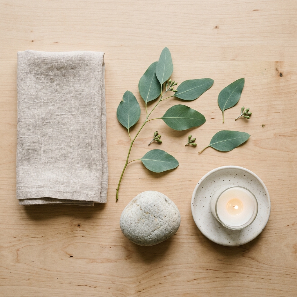 Minimalist layout of a linen napkin, fresh green eucalyptus leaves, and a smooth stone for mindful breathing.