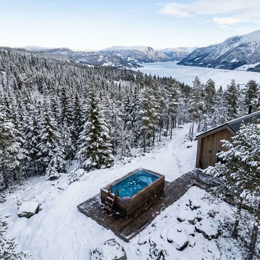 Outdoor wooden ice bath tub in a quiet, snowy pine forest in Norway.