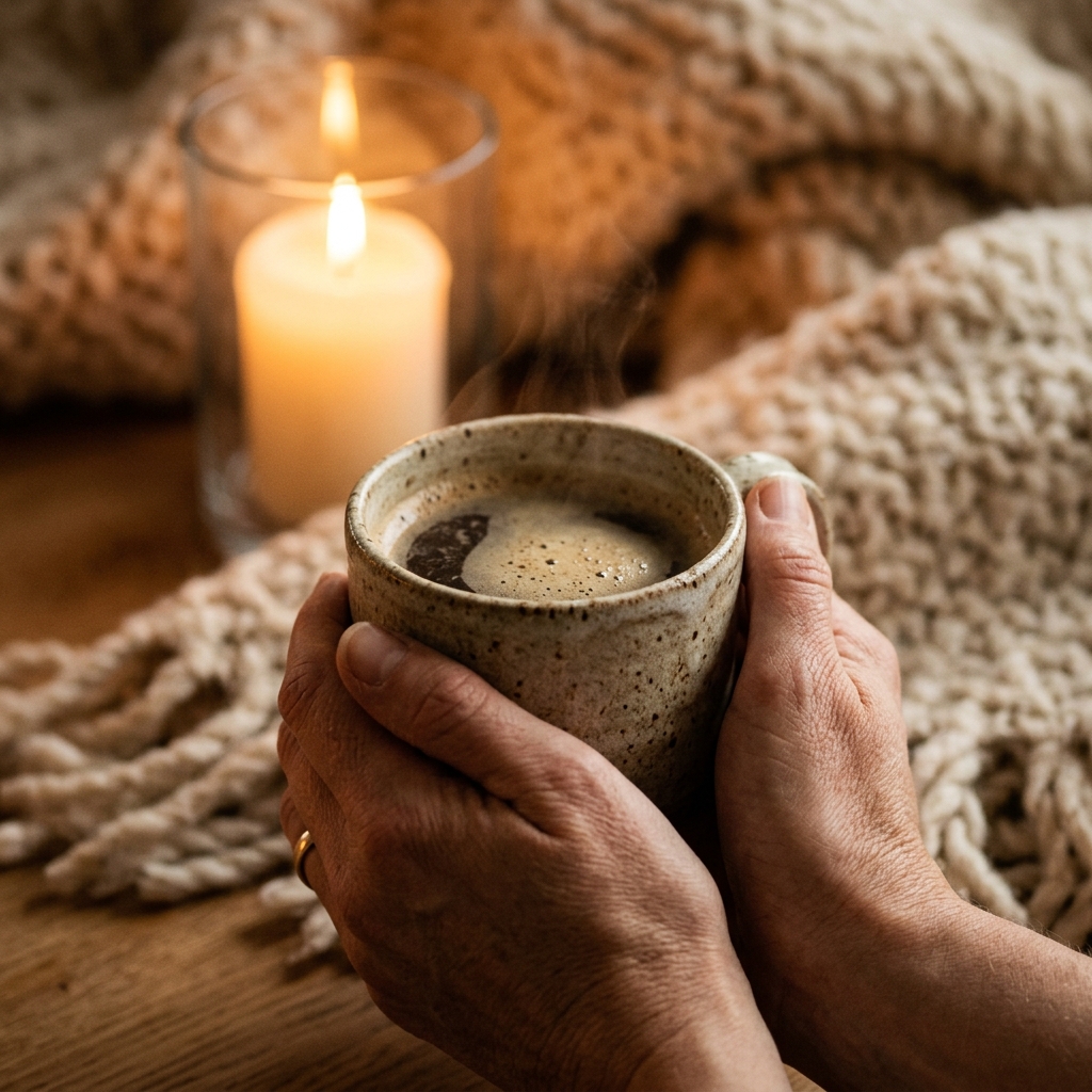Two hands warming around a rustic ceramic mug of coffee with a glowing candle and chunky knit blanket in the background — representing a mindful dopamine menu for wellbeing.