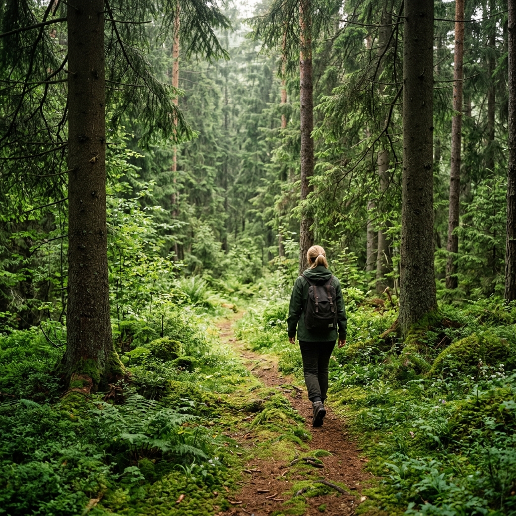 A peaceful path through a lush Norwegian forest