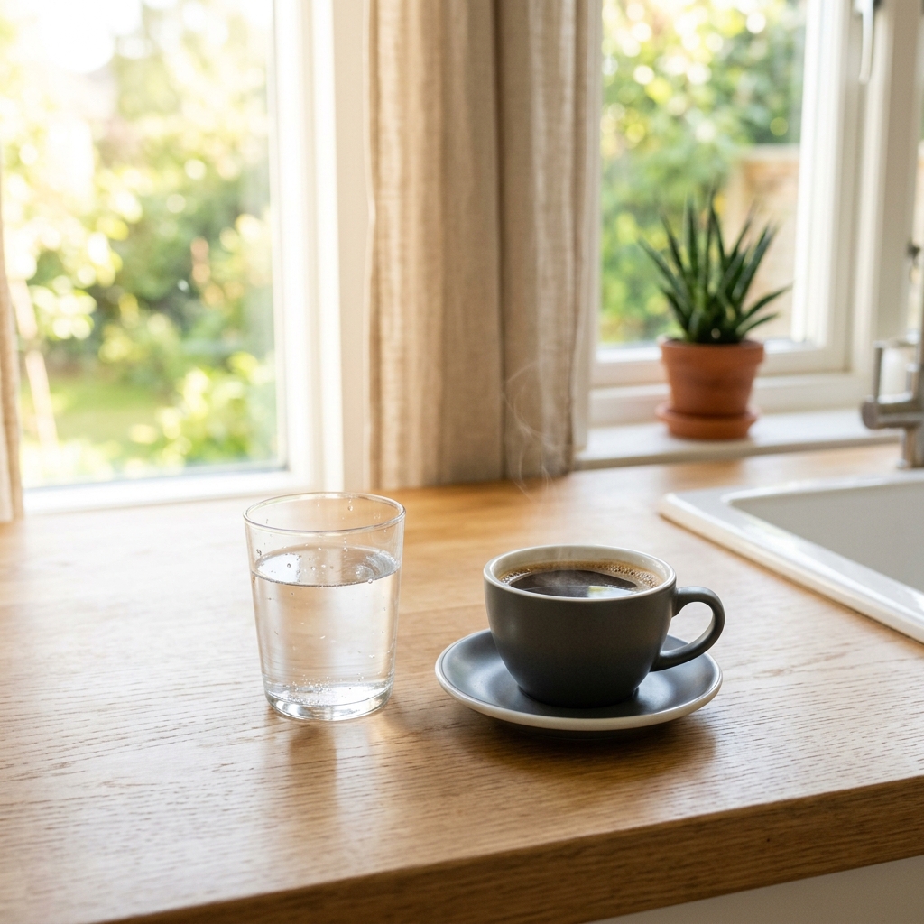 A simple morning setup with water and coffee