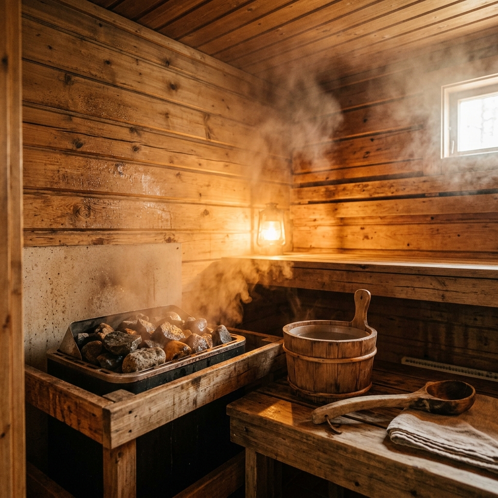 Interior of a warm wooden Finnish sauna with steam rising and wooden bucket.