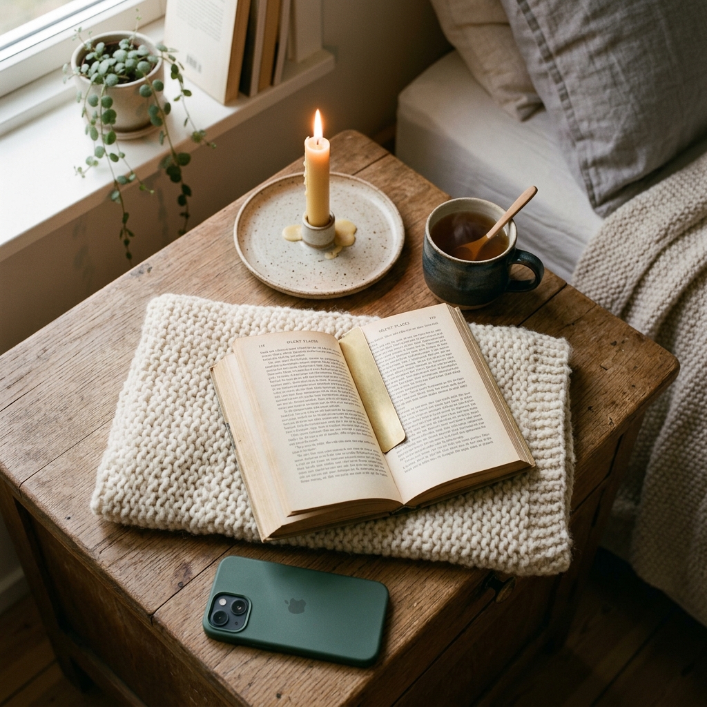 A cozy Nordic bedside table with an open book on a wool knit mat, a lit taper candle on a ceramic plate, a phone face-down, and a cup of herbal tea — representing a screen-free evening routine.