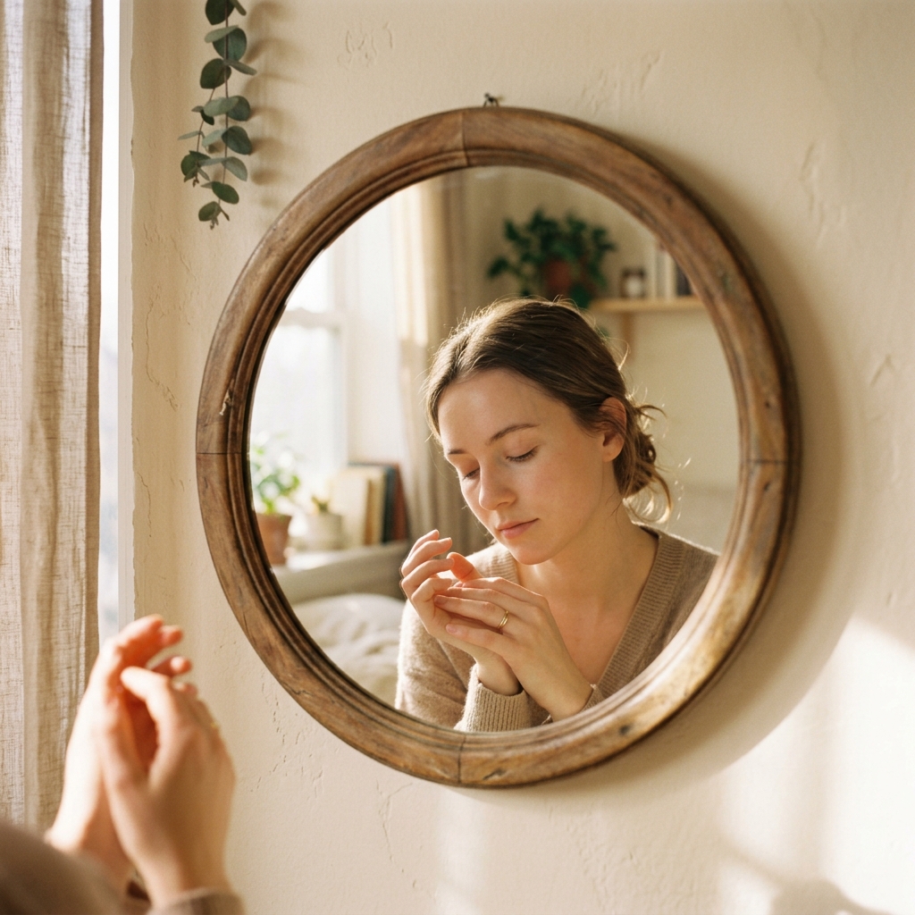 A soft reflection in a mirror, representing self-compassion