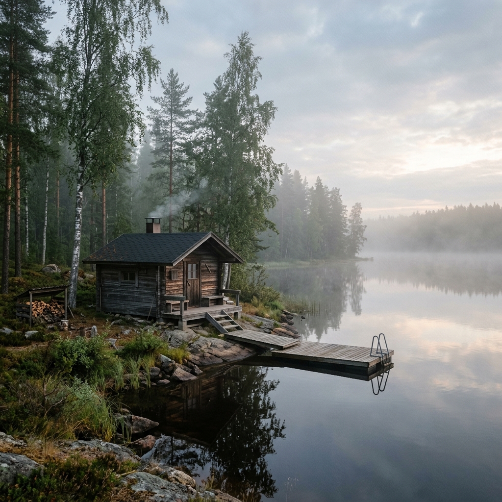 Solitary wooden sauna cabin on a misty Finnish lake at dawn, embodying Sisu resilience.