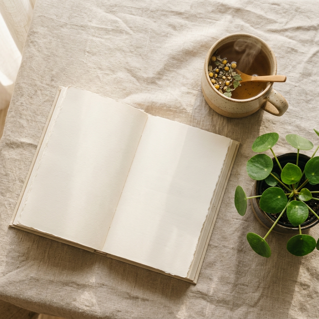 Minimalist Nordic flat lay with an open journal, a steaming chamomile tea mug, and a small green plant on linen cloth in soft morning light — representing recovery from sleep debt.