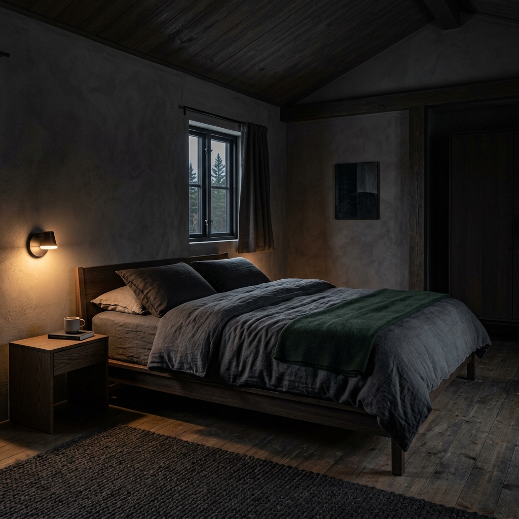 A calm, dark bedroom in a Finnish home