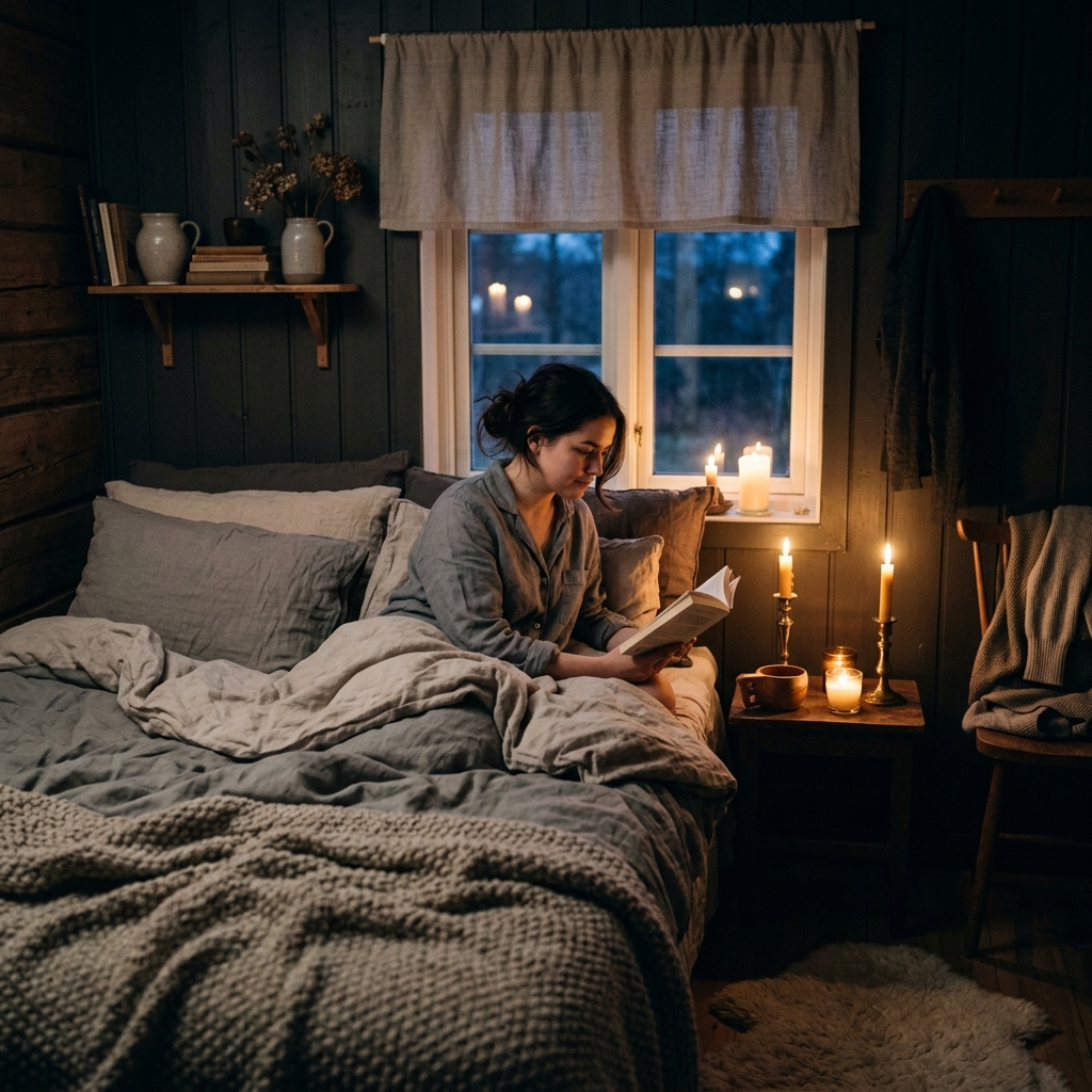 A cozy bedroom lit softly by candles