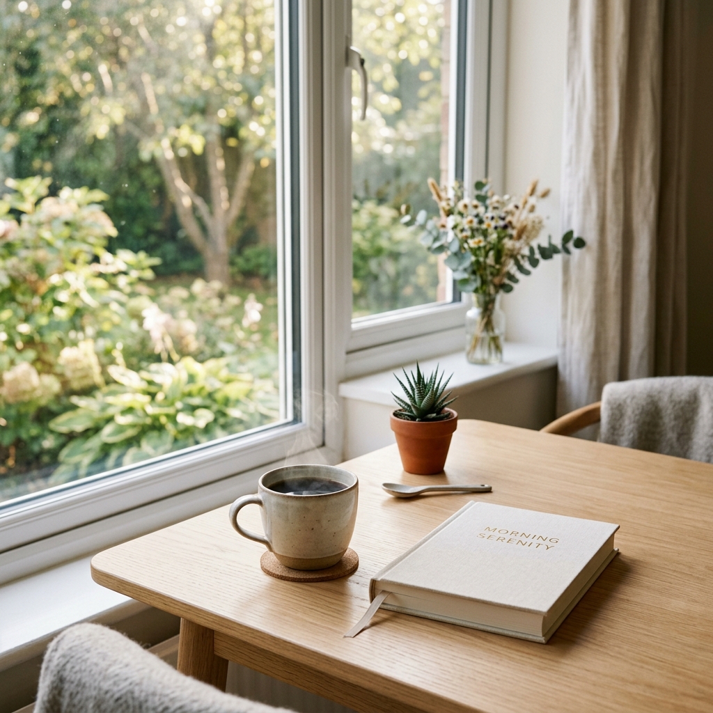 A peaceful morning setting with a hot cup of coffee