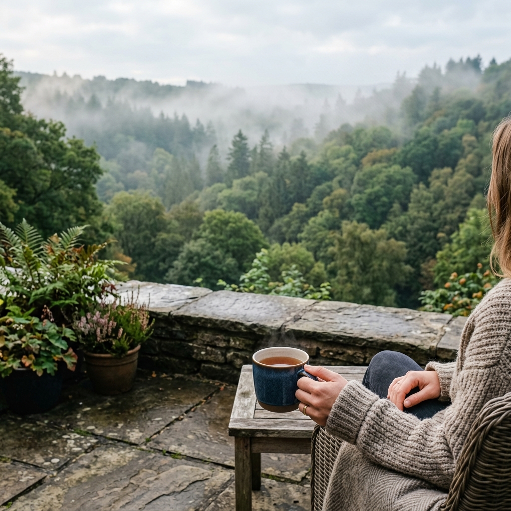 Holding a warm mug on a stone patio overlooking a misty green forest, balancing cortisol.