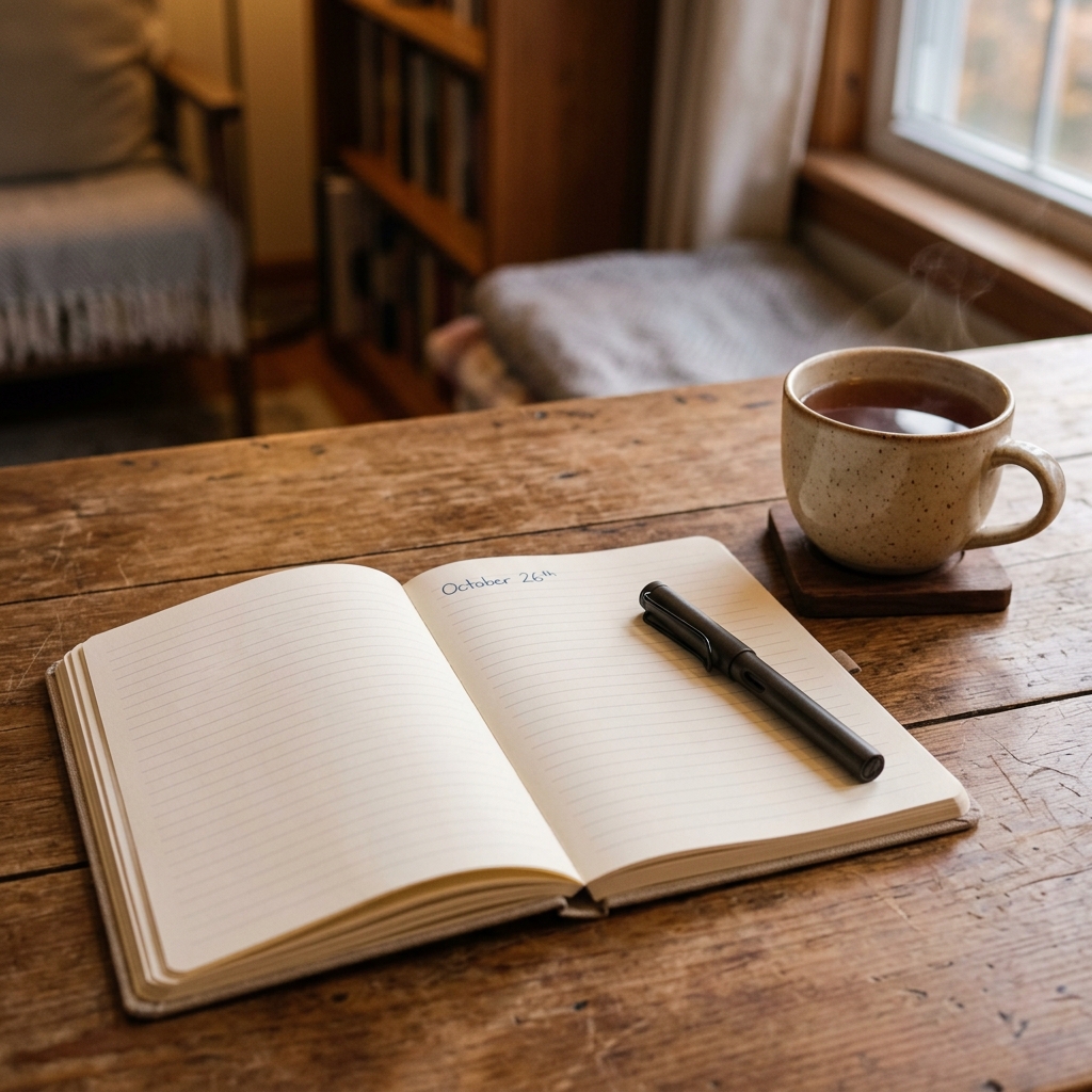 A notebook waiting for thoughts alongside a cup of coffee