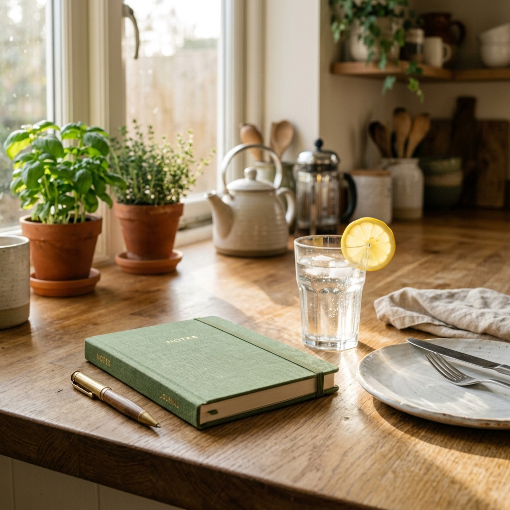 A fresh glass of water with lemon and a closed green notebook on a sunlit morning kitchen counter.