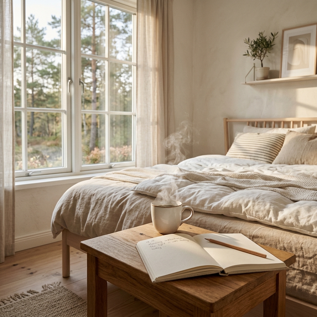 Steaming mug, closed journal, and wooden bedroom bedside table in soft early morning light, representing morning rituals.
