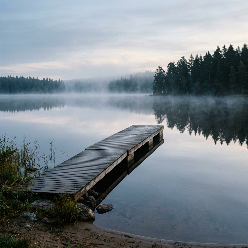 Henkilö istuu hiljaisesti suomalaisella järvenrannalla syksyllä