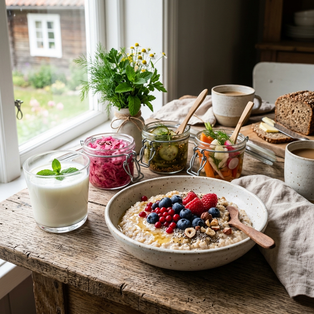 Et nordisk frokostbord med en bolle havregrøt toppet med friske bær, et glass kefir med mynte, fermenterte grønnsaker i glassboller og grovbrød – representerer tarm-hjerne-forbindelsen og nordisk ernæring for mental helse