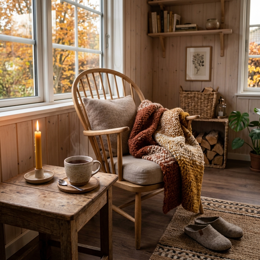 A cozy living room corner during autumn with a woolen throw blanket draped over an armchair next to a glowing candle