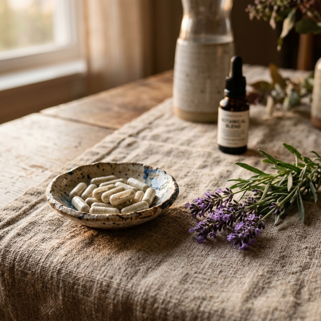 A close-up of a rustic ceramic dish holding wellness capsules next to a sprig of fresh lavender on a natural linen cover