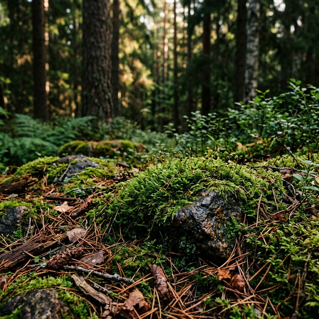 En person som sitter stilla i en ljus björkskog