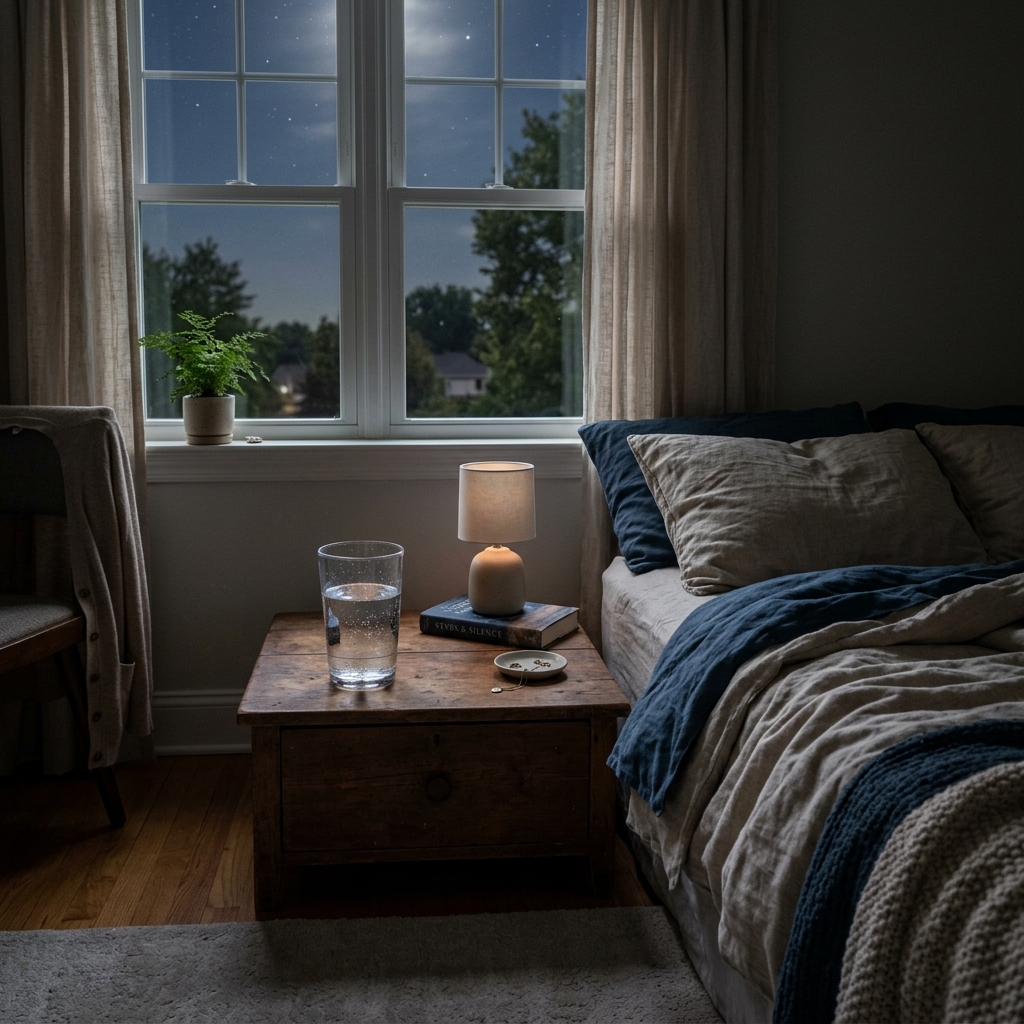 Moonlit bedside table next to a cozy linen bed with a glass of water